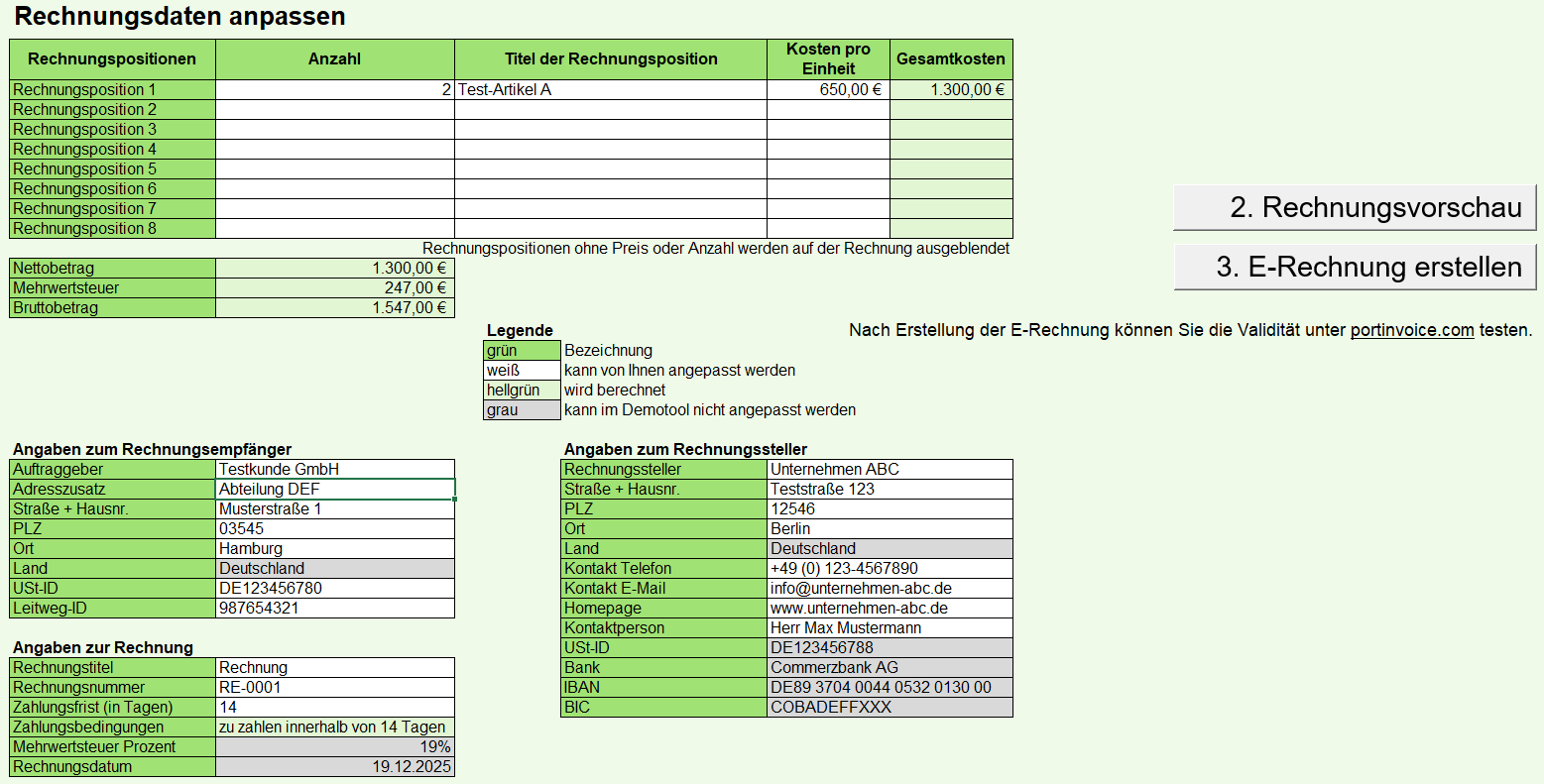 Menü von Excel mit dem den neuen Menüpunkt “E-Rechnung DEMO” und den Schaltflächen „neue E-Rechnung erstellen“, „XRechnung erstellen“ und „ZUGFeRD erstellen“
