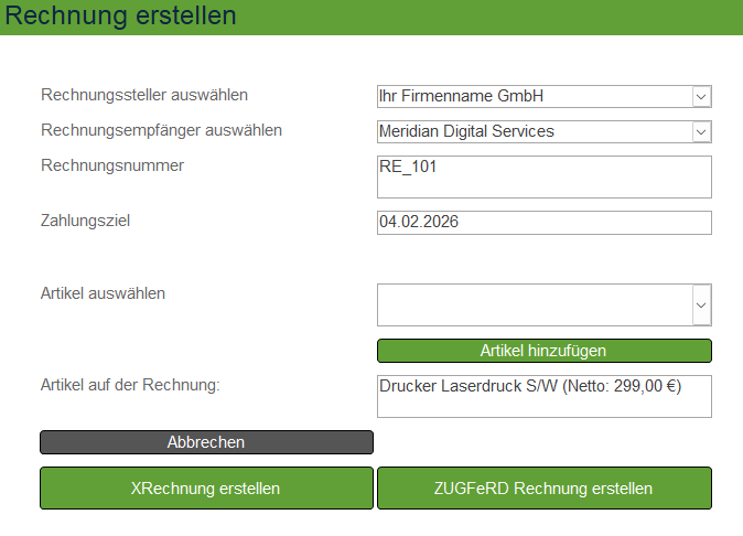 Screenshot der Eingabemaske zur Erstellung einer XRechnung