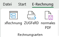Menü von Excel mit dem den neuen Menüpunkt “E-Rechnung DEMO” und den Schaltflächen „neue E-Rechnung erstellen“, „XRechnung erstellen“ und „ZUGFeRD erstellen“